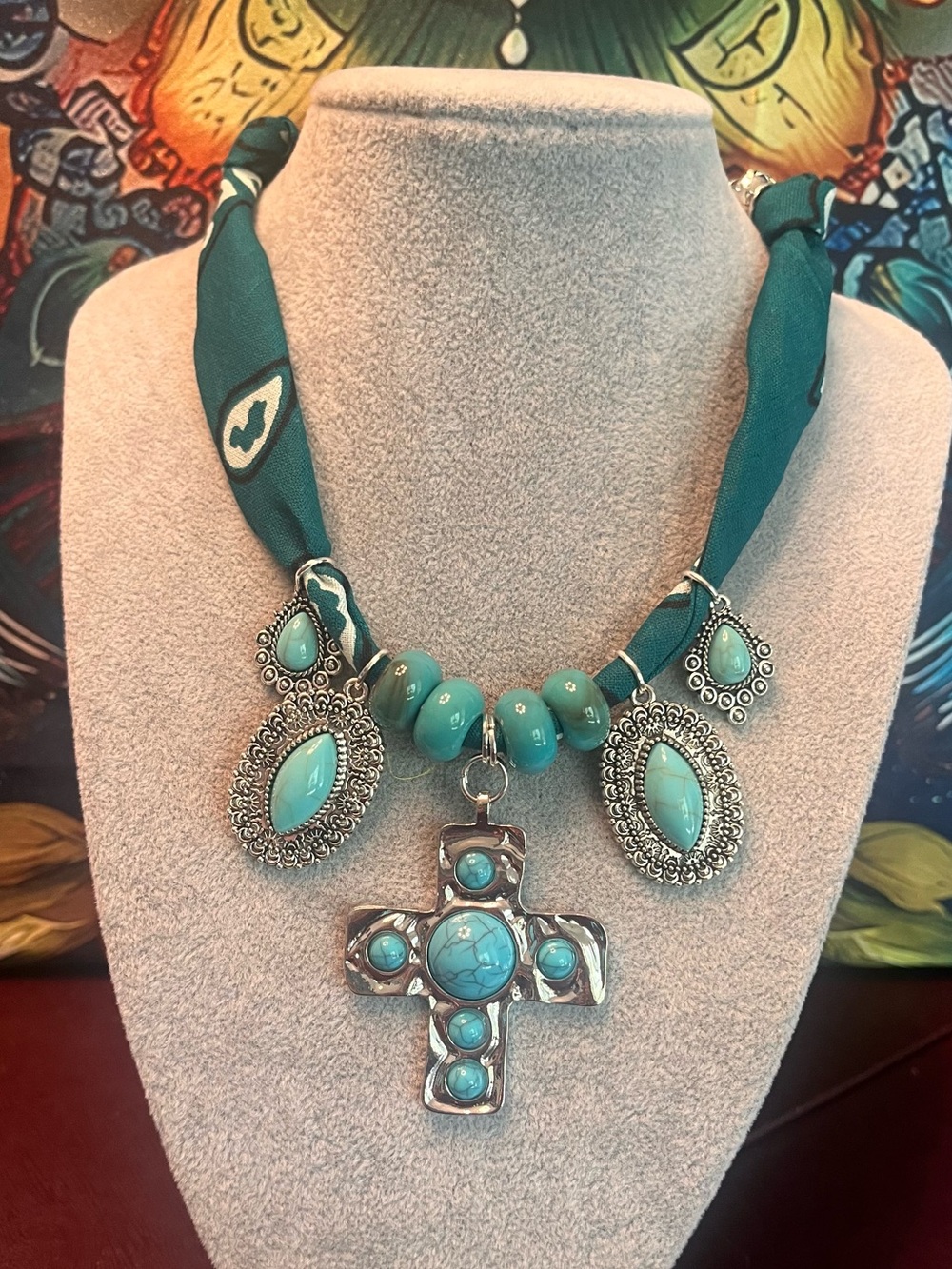 Turquoise Cross Pendant Statement Necklace - Women Jewelry